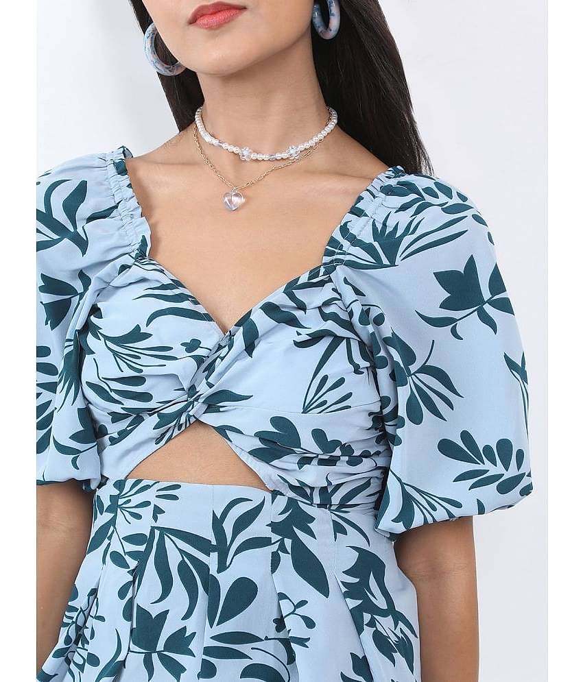 Ketch Women Polyester Printed Cut Out Dress ( Blue )