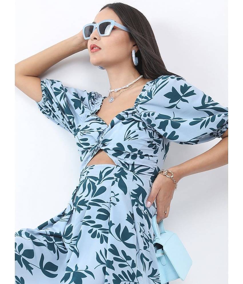 Ketch Women Polyester Printed Cut Out Dress ( Blue )