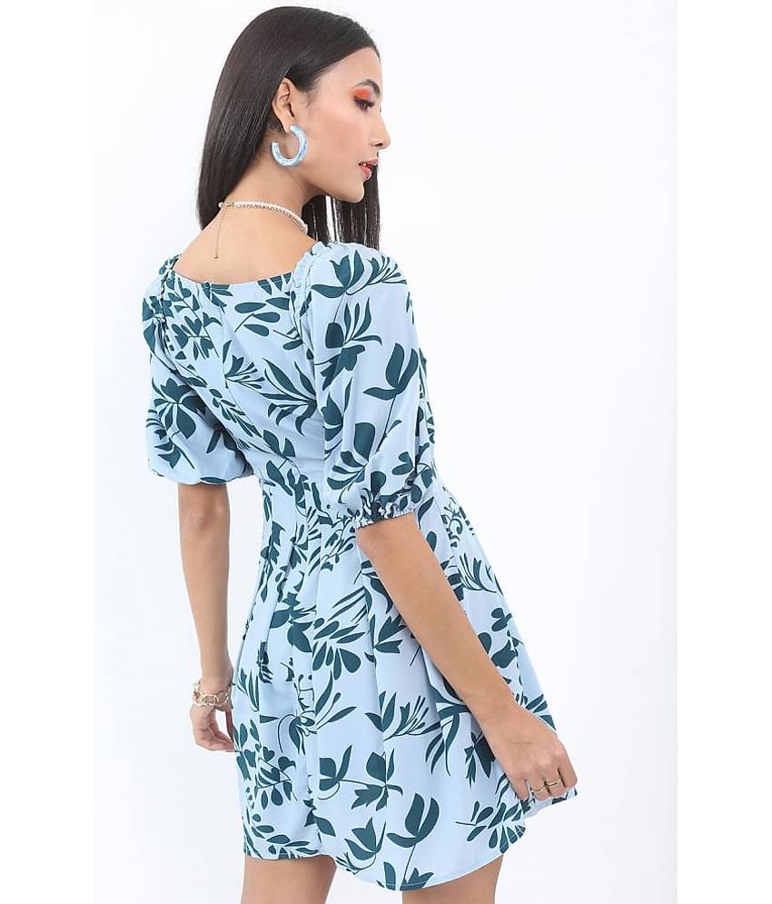 Ketch Women Polyester Printed Cut Out Dress ( Blue )