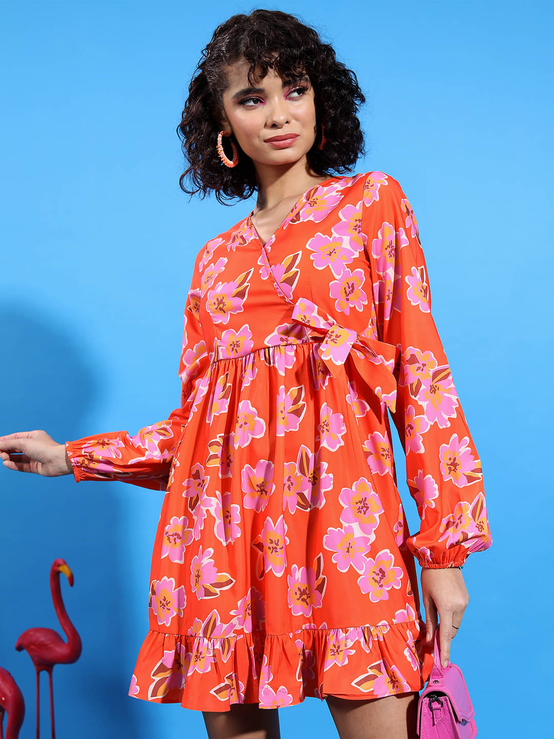     			Ketch Women Polyester Printed Wrap Dress ( Orange )