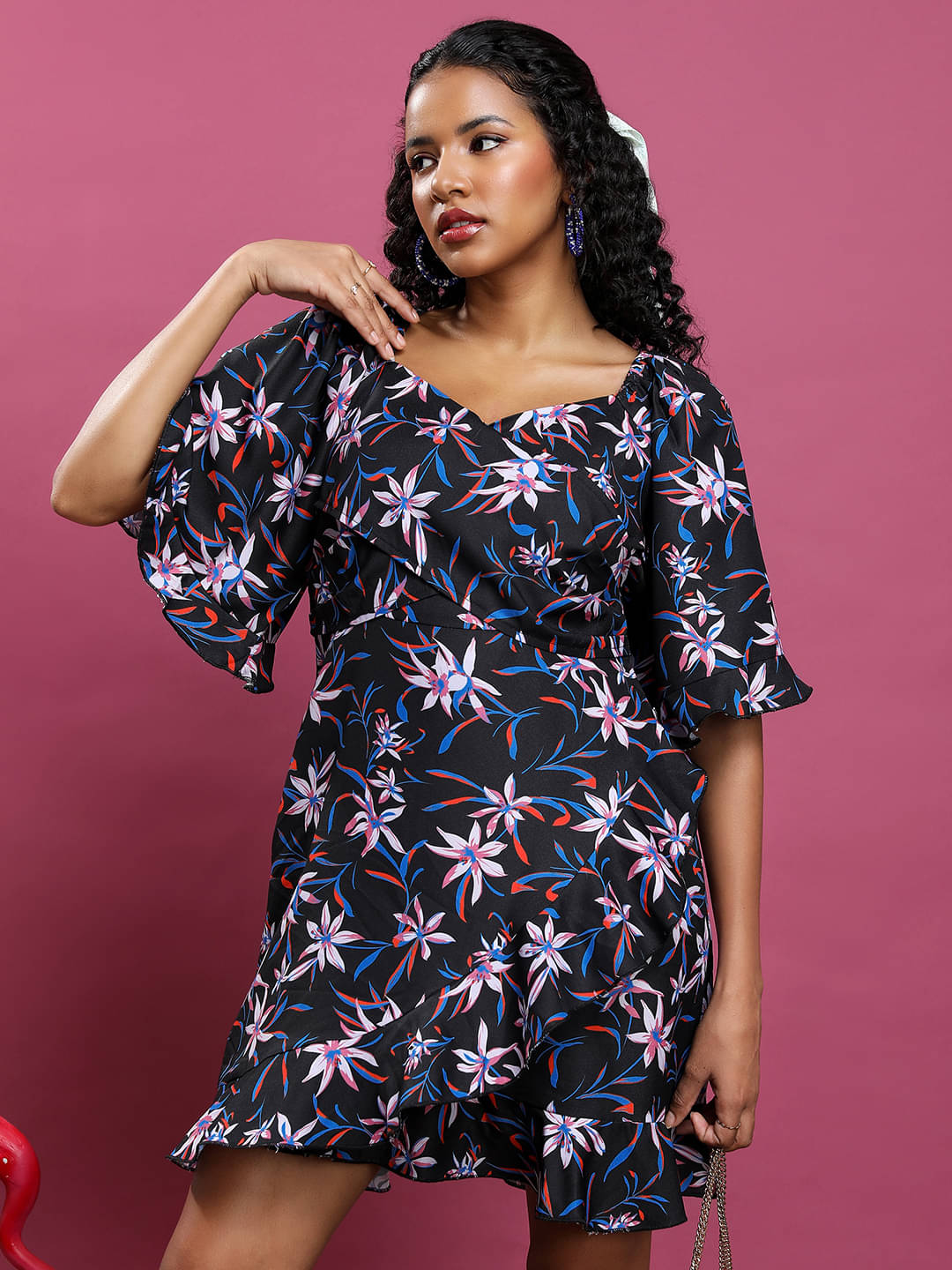 Ketch Women Polyester Printed Wrap Dress ( Black ) Ketch Women Polyester Printed Wrap Dress ( Black )