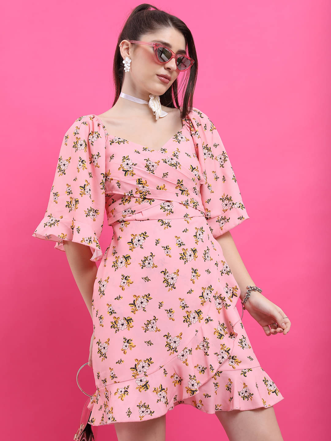     			Ketch Women Polyester Printed Wrap Dress ( Pink )