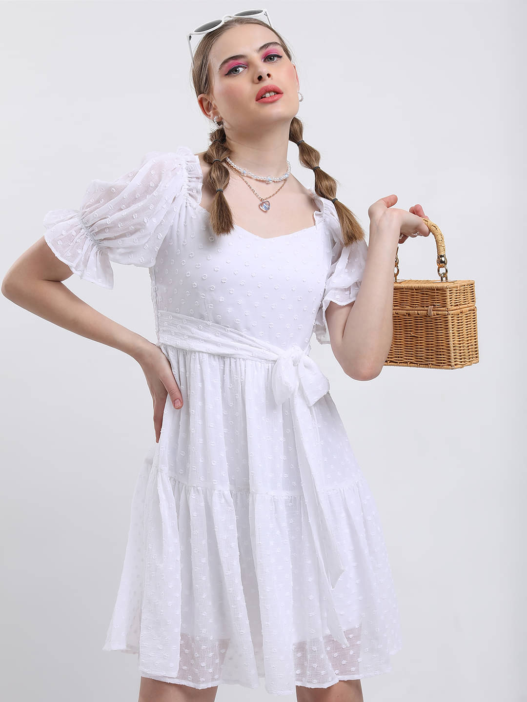     			Ketch Women Polyester Self Design A-line Dress ( White )