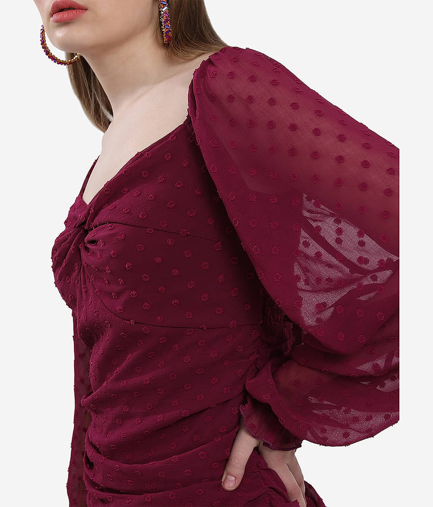 Ketch Women Polyester Self Design Bodycon Dress ( Burgundy )