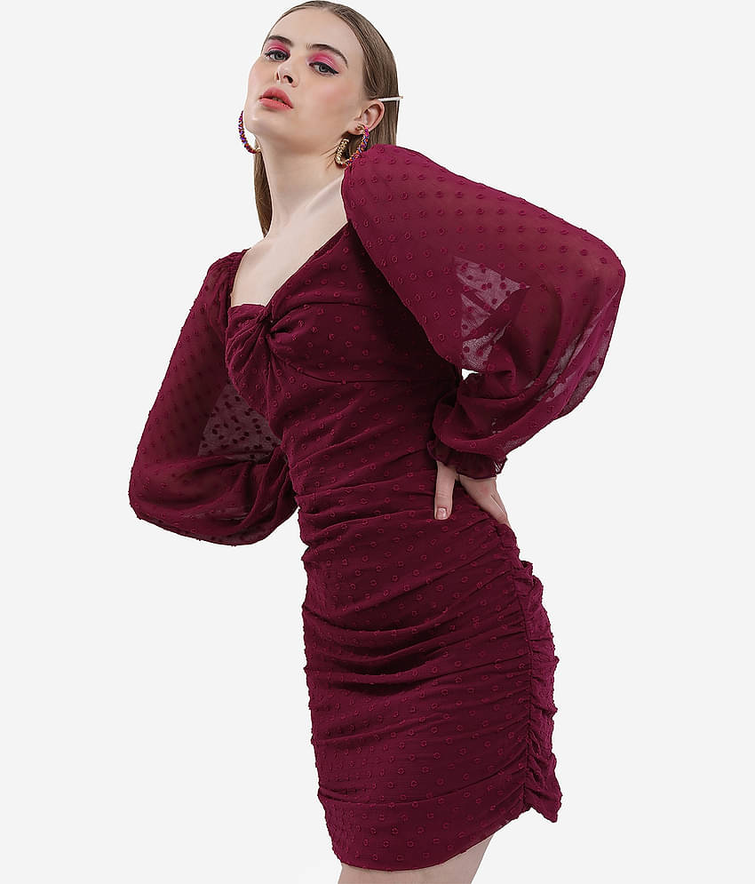 Ketch Women Polyester Self Design Bodycon Dress ( Burgundy )