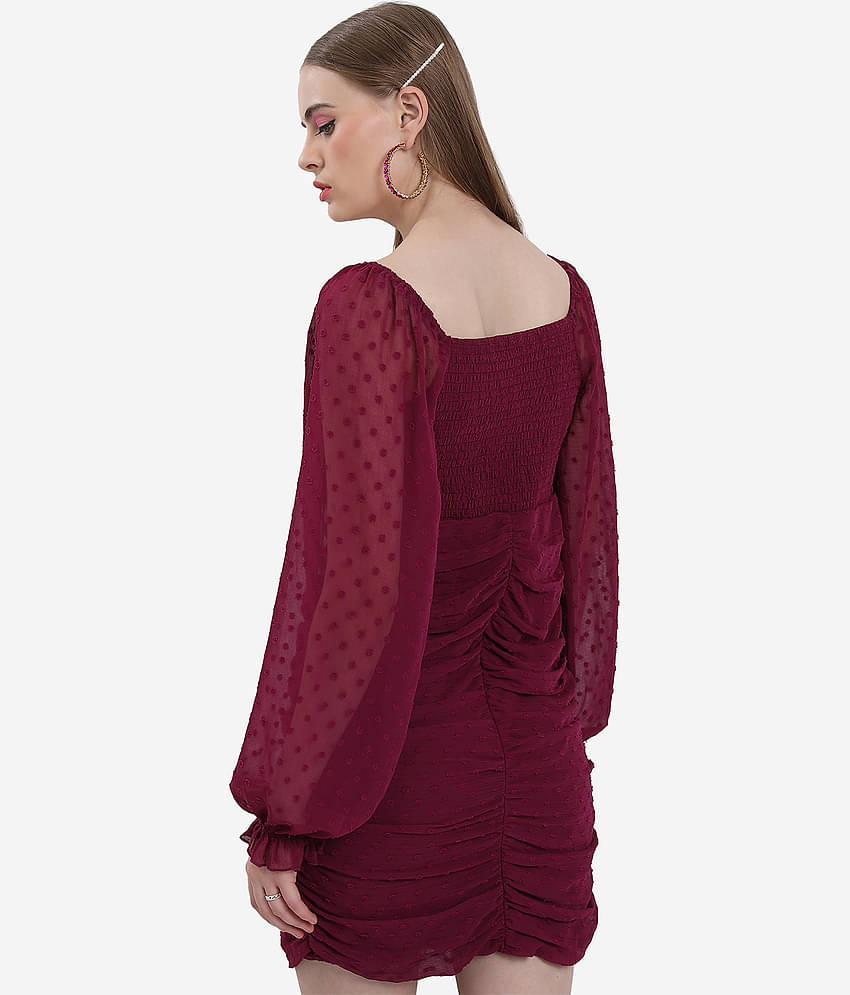 Ketch Women Polyester Self Design Bodycon Dress ( Burgundy )