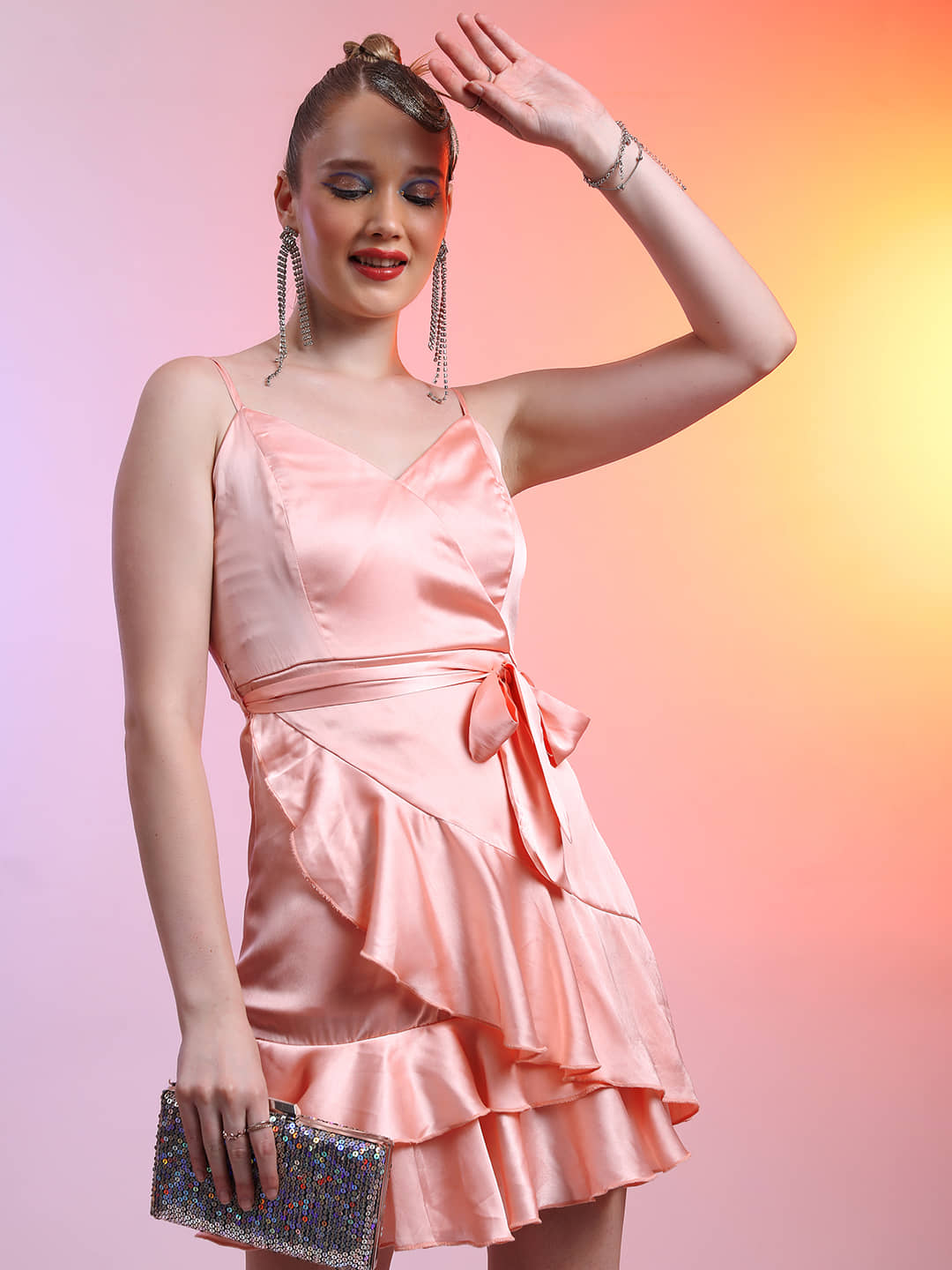 Ketch Women Polyester Solid Wrap Dress ( Pink )