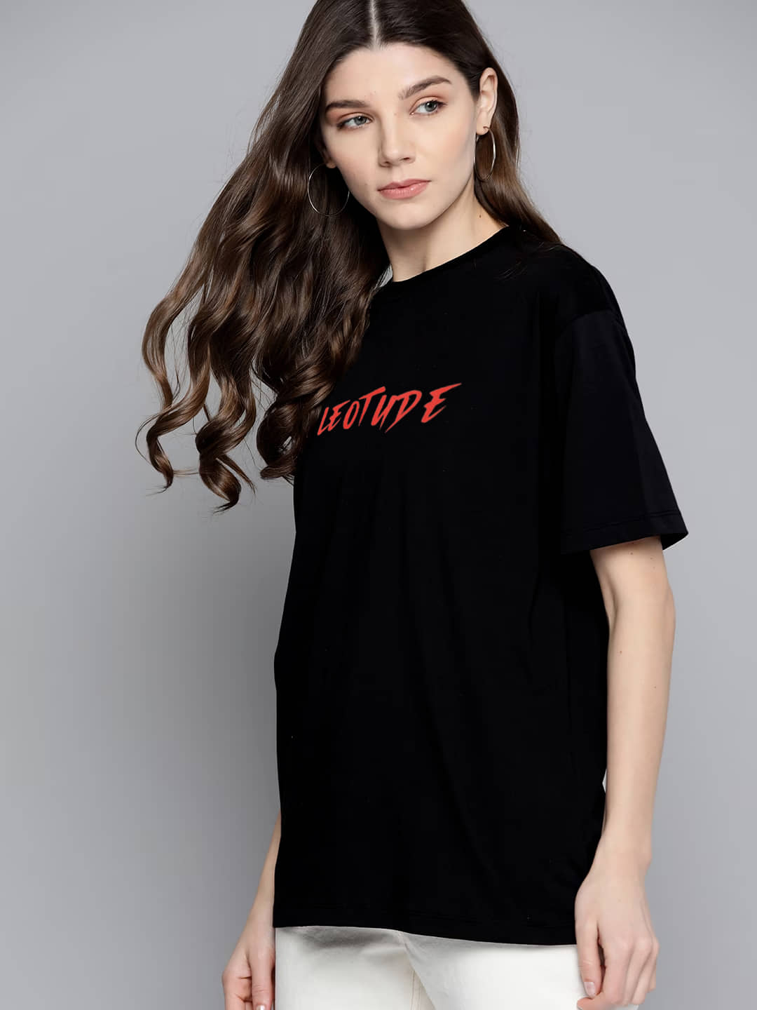 Leotude Women Cotton Blend Printed Oversized Fit Round Neck T-Shirt ( Black )
