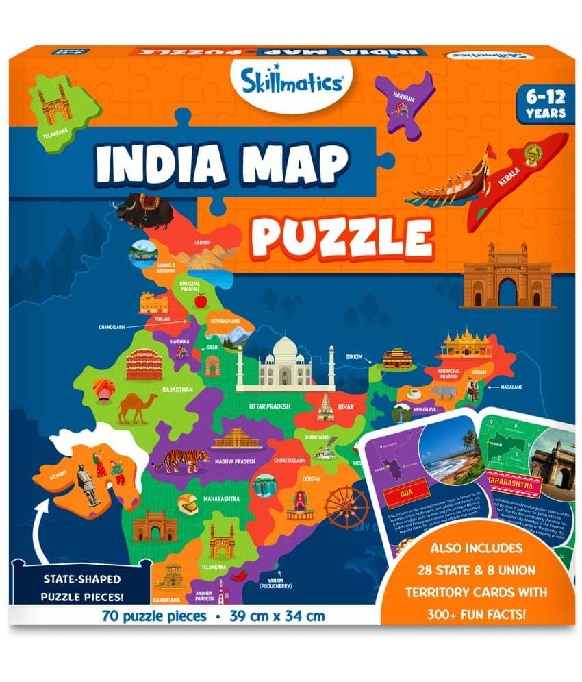     			Skillmatics India Map Puzzle - 70 Pieces, Educational Toy For Learning 300+ Facts About India, Gifts For Ages 6 To 12, Kid