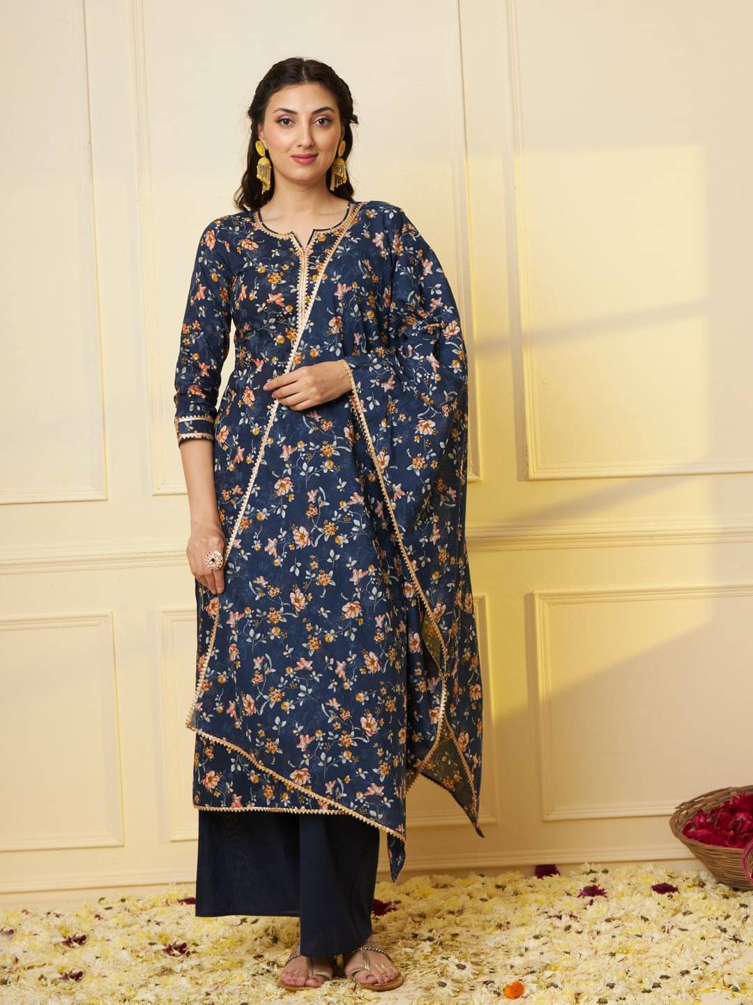     			Tissu Cotton Printed Kurti With Palazzo Women's Stitched Salwar Suit - Indigo ( Pack of 1 )