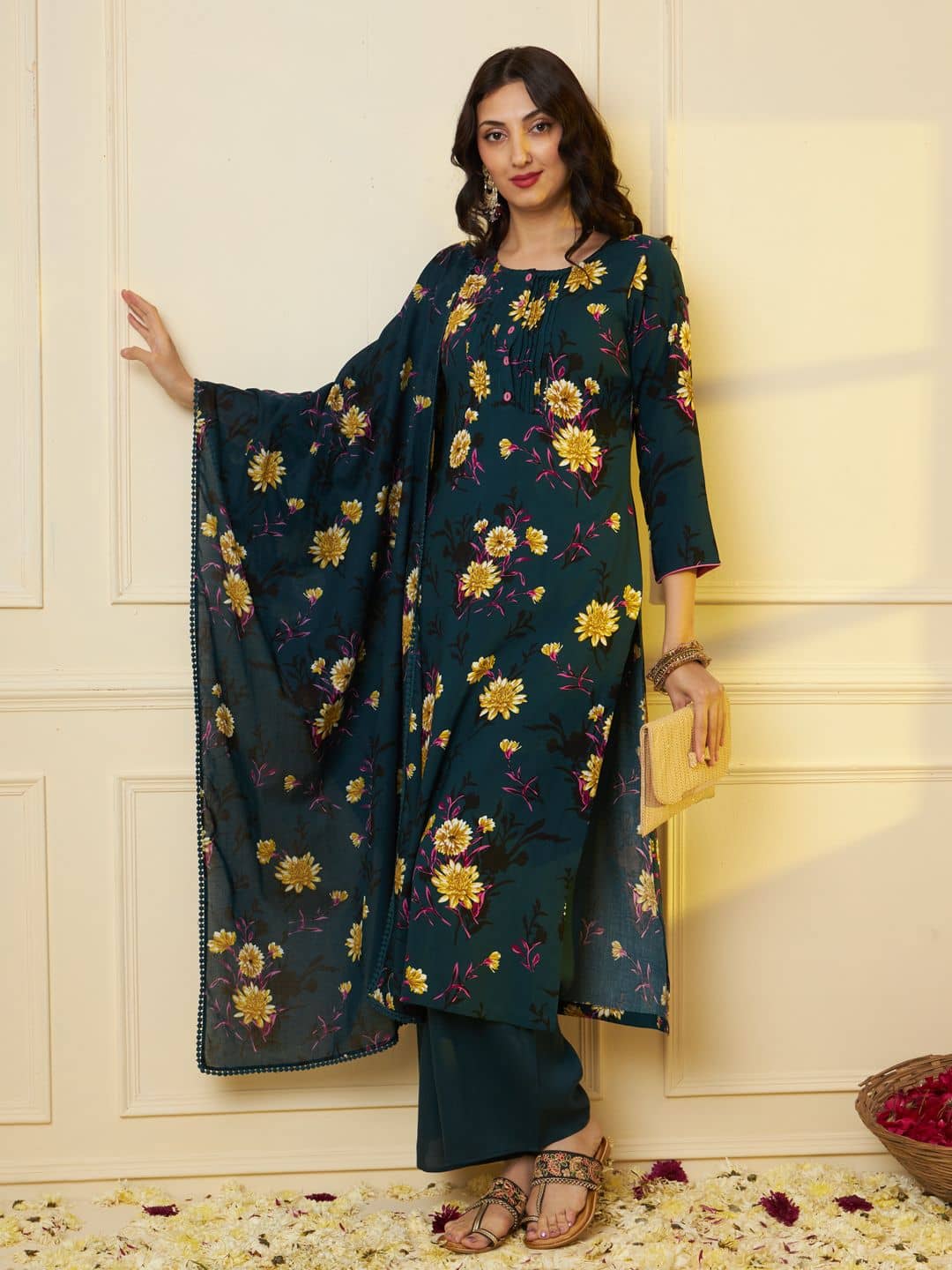 Tissu Rayon Printed Kurti With Palazzo Women's Stitched Salwar Suit - Navy ( Pack of 1 )