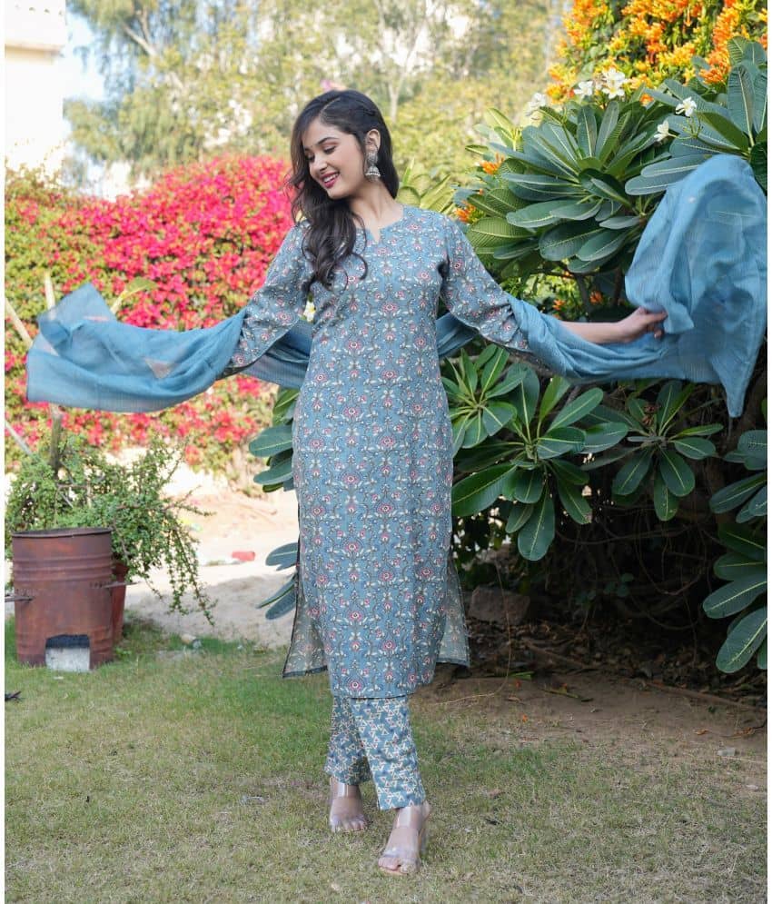 Vbuyz Rayon Printed Kurti With Pants Women's Stitched Salwar Suit - Light Blue ( Pack of 1 )