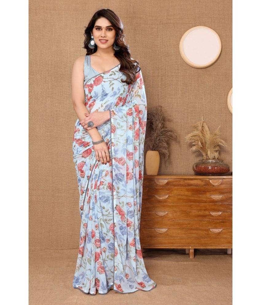 Gazal Fashions Georgette Printed Ready to Wear Saree With Unstitched Blouse Piece ( Blue ) Gazal Fashions Georgette Printed Ready to Wear Saree With Unstitched Blouse Piece ( Blue )