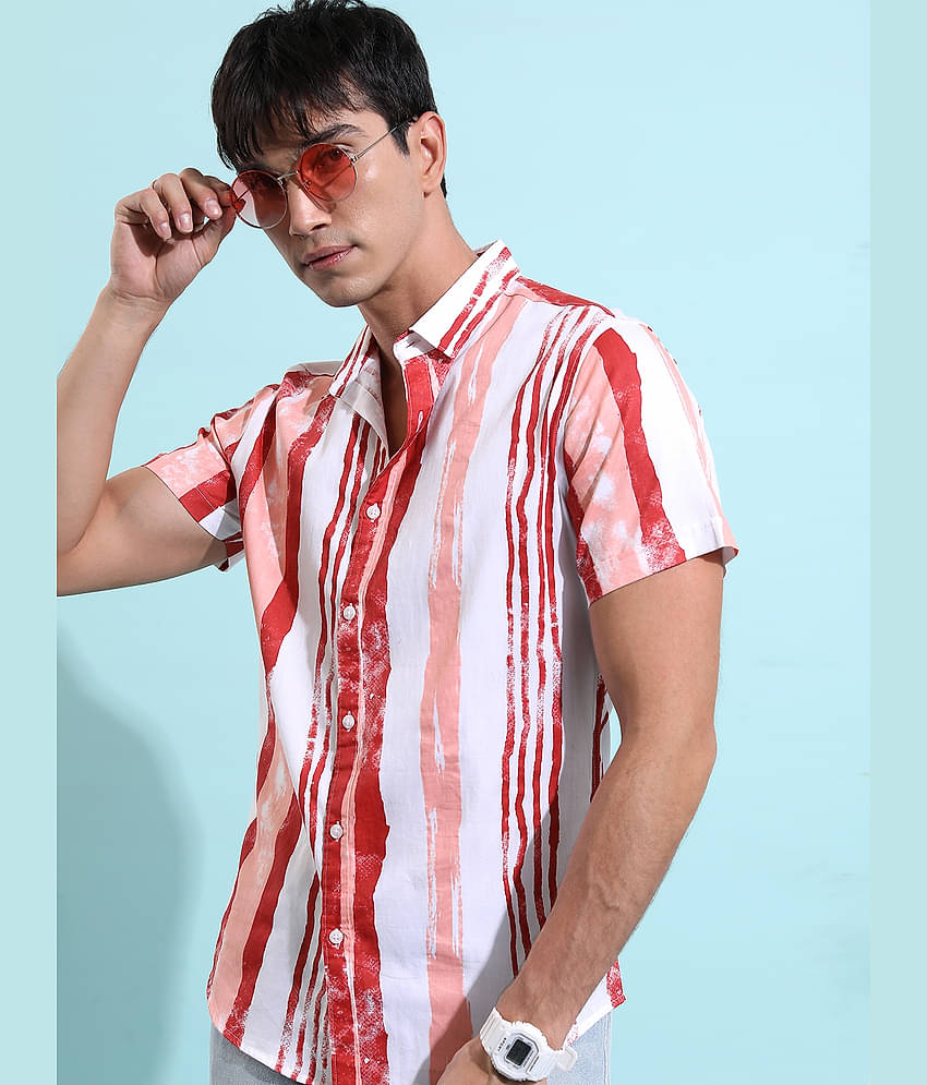 Ketch 100% Cotton Regular Fit Striped Half Sleeves Men's Casual Shirt - Red ( Pack of 1 )