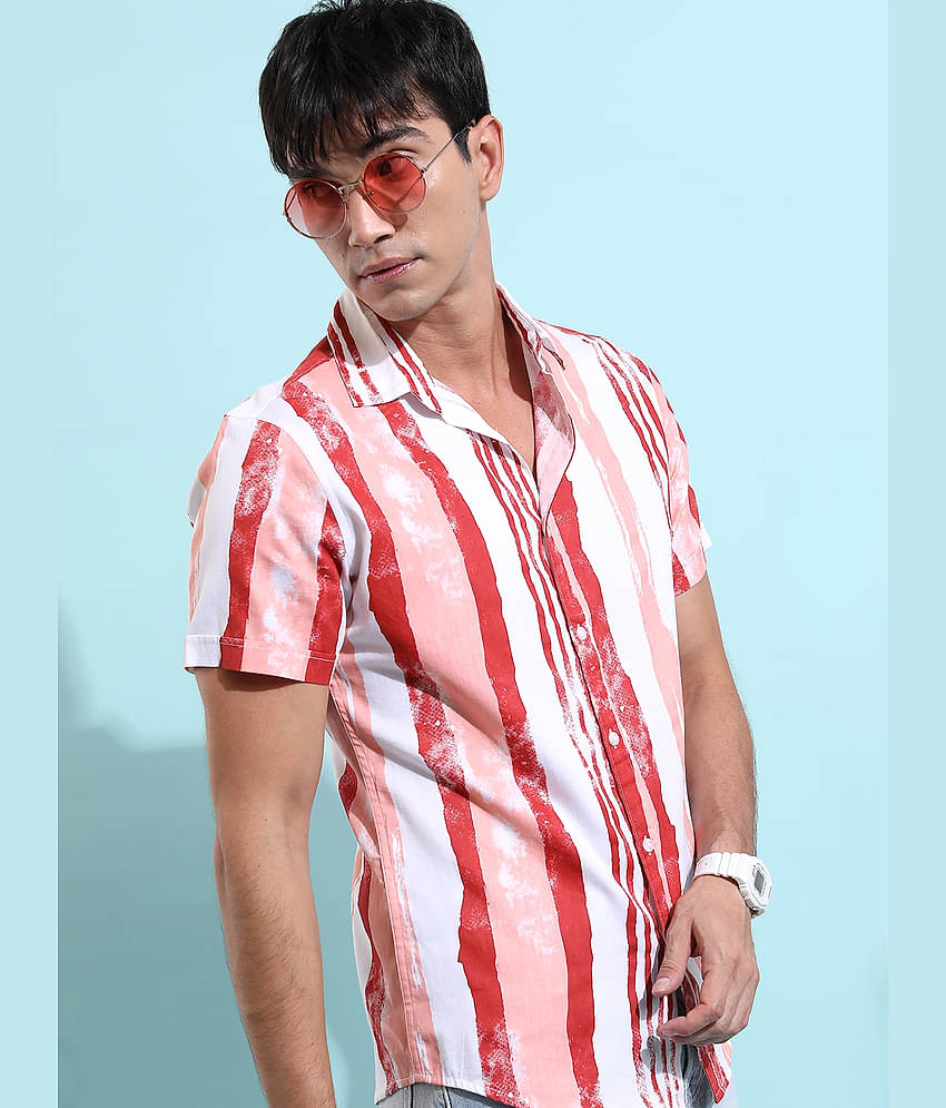 Ketch 100% Cotton Regular Fit Striped Half Sleeves Men's Casual Shirt - Red ( Pack of 1 )