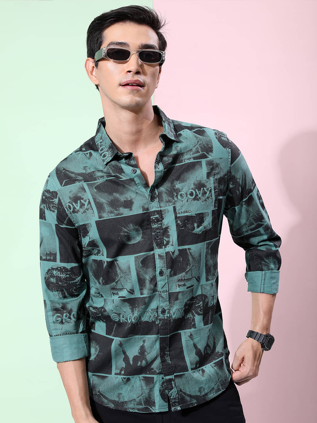 Ketch 100% Cotton Regular Fit Printed Full Sleeves Men's Casual Shirt - Green ( Pack of 1 )