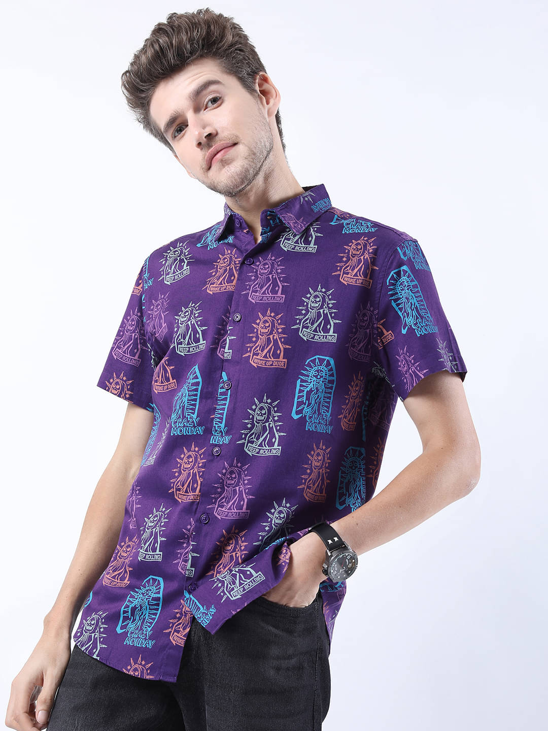     			Ketch 100% Cotton Regular Fit Printed Half Sleeves Men's Casual Shirt - Purple ( Pack of 1 )
