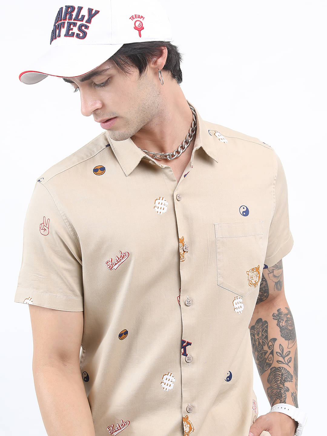 Ketch 100% Cotton Regular Fit Printed Half Sleeves Men's Casual Shirt - Beige ( Pack of 1 )