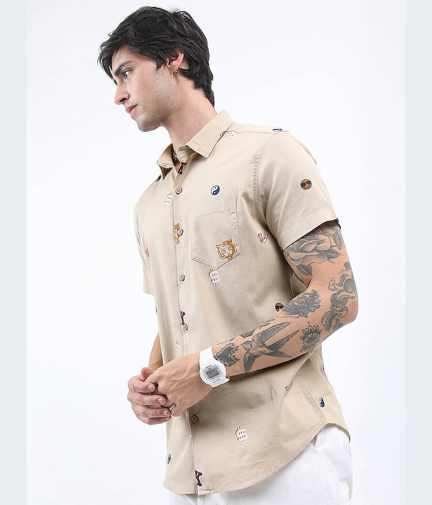 Ketch 100% Cotton Regular Fit Printed Half Sleeves Men's Casual Shirt - Beige ( Pack of 1 )