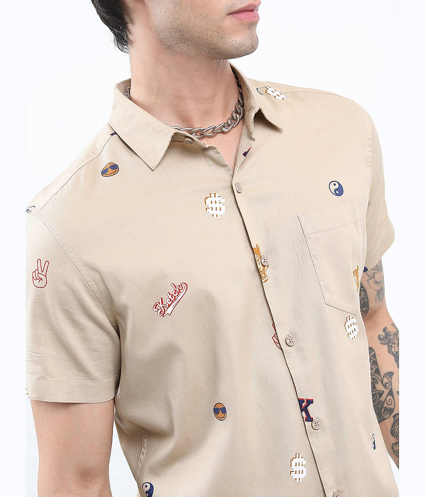 Ketch 100% Cotton Regular Fit Printed Half Sleeves Men's Casual Shirt - Beige ( Pack of 1 )