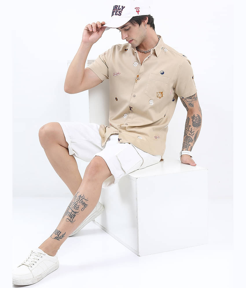 Ketch 100% Cotton Regular Fit Printed Half Sleeves Men's Casual Shirt - Beige ( Pack of 1 )