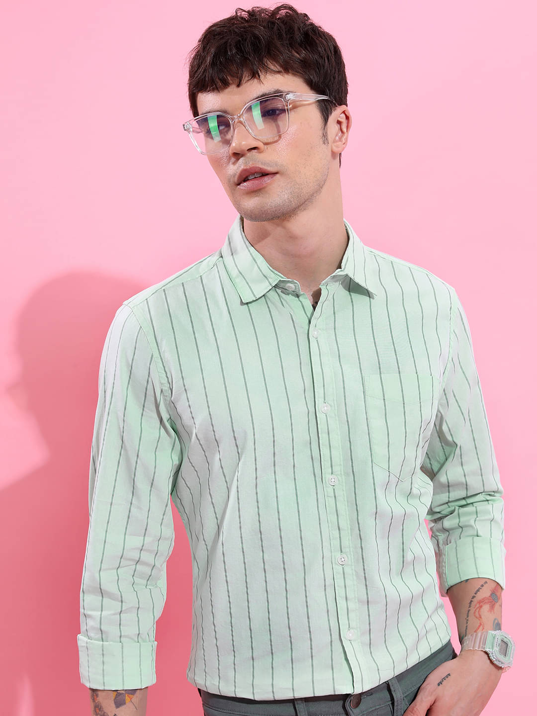     			Ketch 100% Cotton Regular Fit Striped Full Sleeves Men's Casual Shirt - Green ( Pack of 1 )