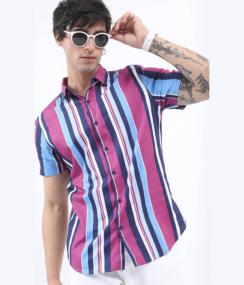 Ketch 100% Cotton Regular Fit Striped Half Sleeves Men's Casual Shirt - Pink ( Pack of 1 )