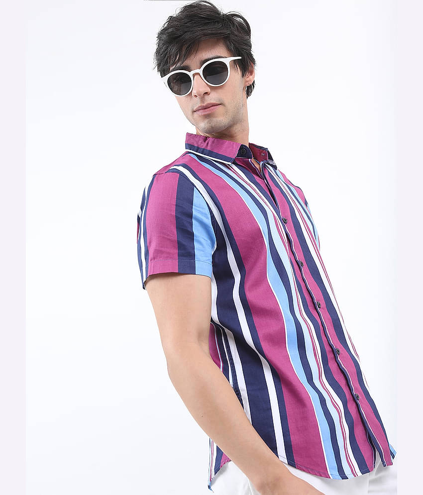 Ketch 100% Cotton Regular Fit Striped Half Sleeves Men's Casual Shirt - Pink ( Pack of 1 )