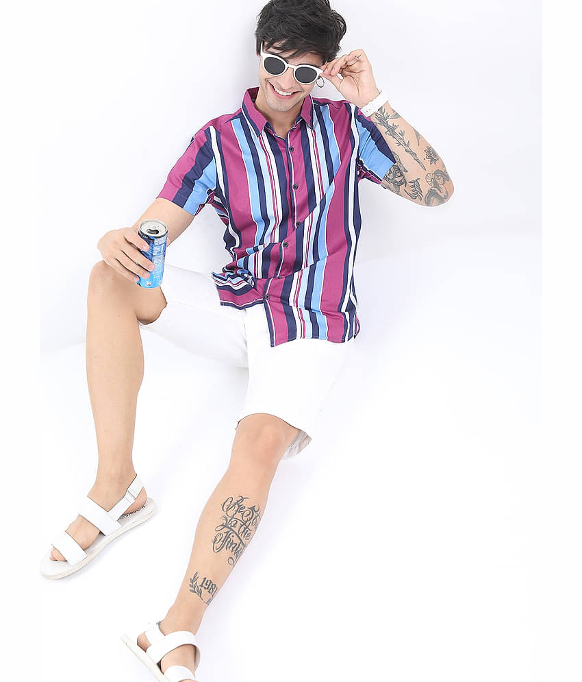 Ketch 100% Cotton Regular Fit Striped Half Sleeves Men's Casual Shirt - Pink ( Pack of 1 )