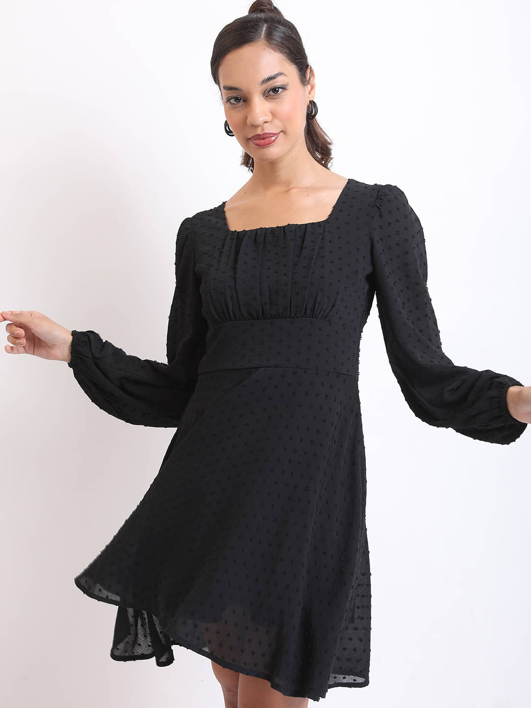     			Ketch Women Polyester Self Design A-line Dress ( Black )