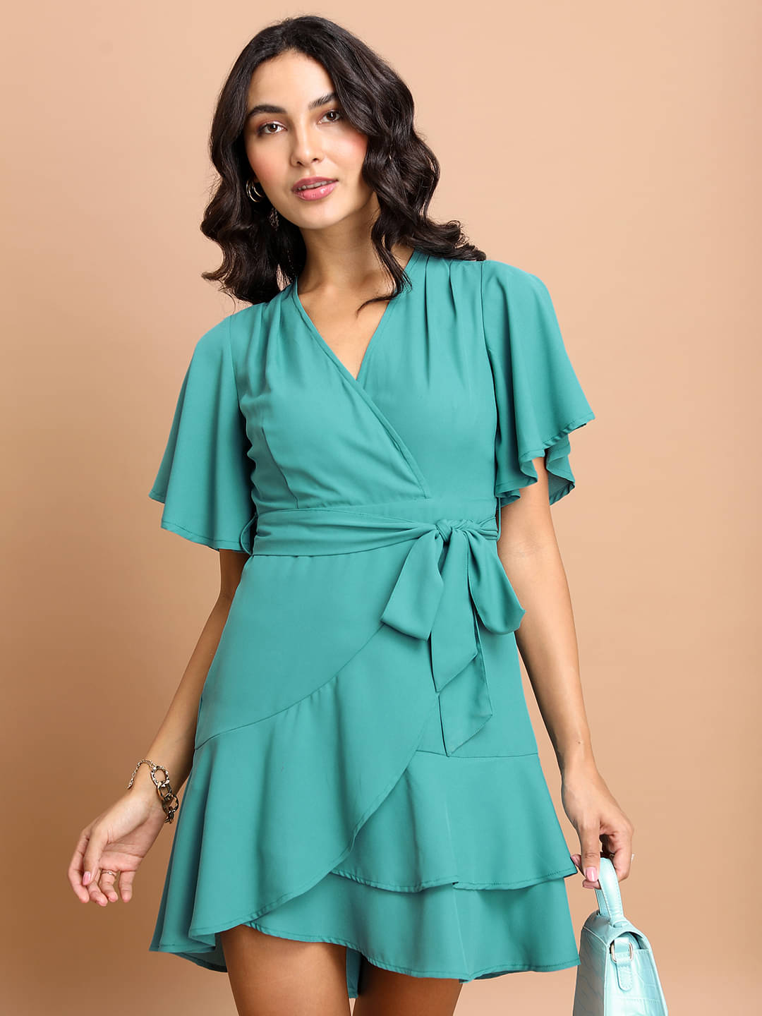     			Ketch Women Polyester Solid Wrap Dress ( Green )
