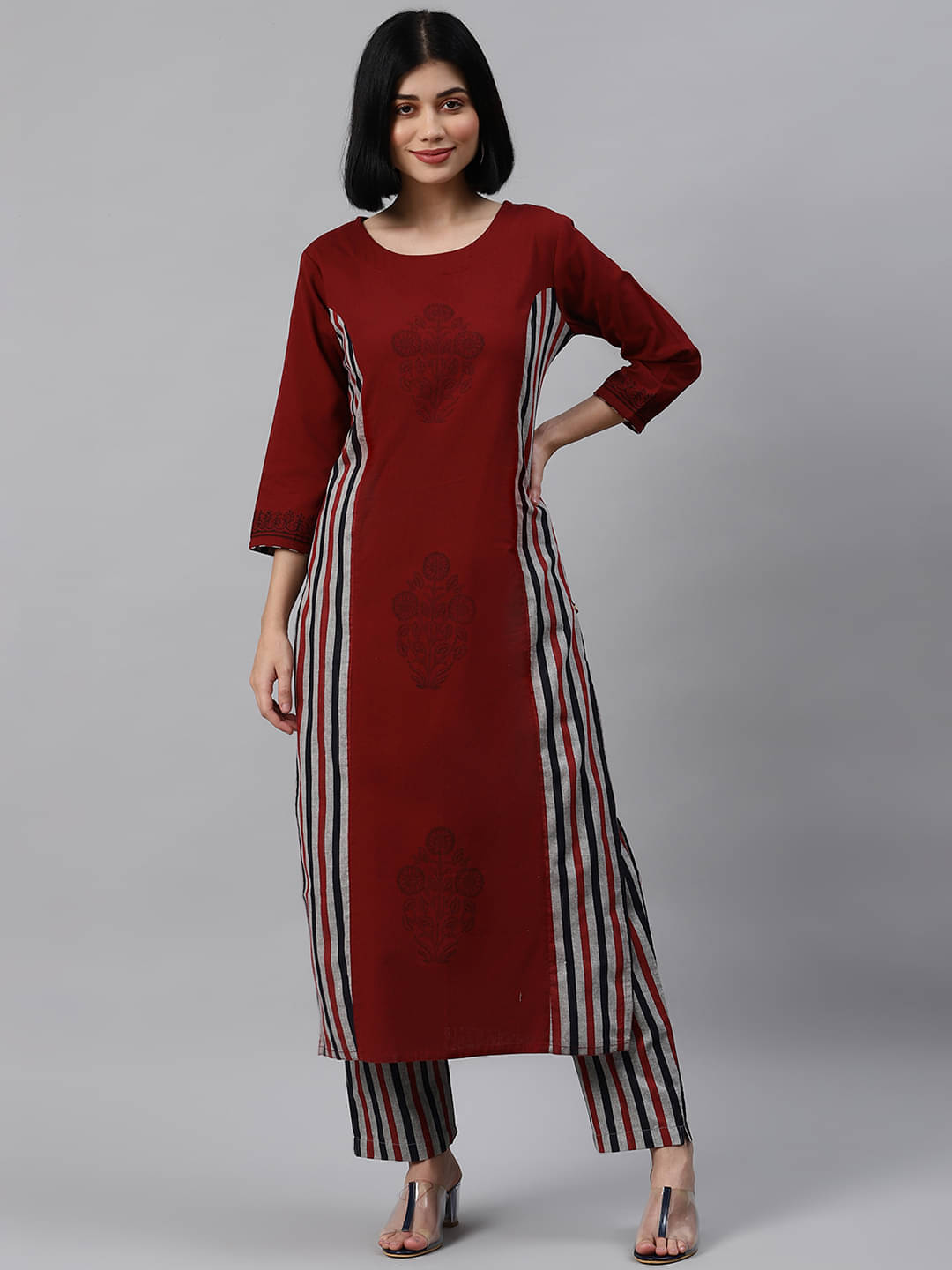     			Varanga Cotton Blend Printed Kurti With Pants Women's Stitched Salwar Suit - Maroon ( Pack of 1 )