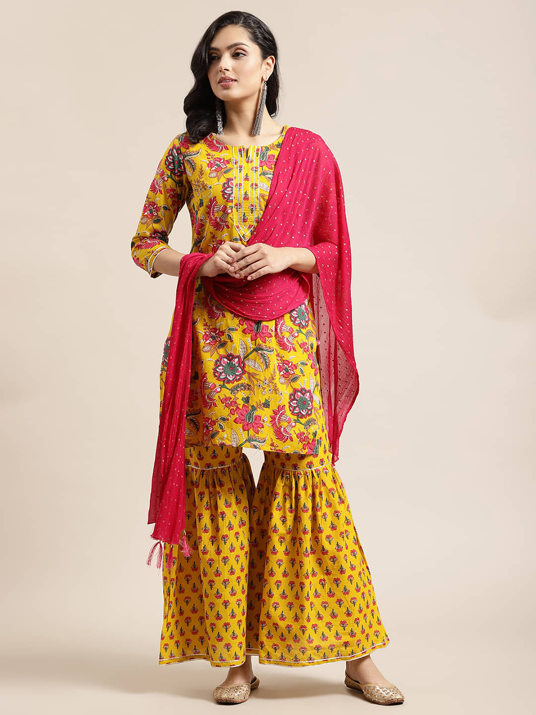 Varanga Cotton Printed Kurti With Sharara And Gharara Women's Stitched Salwar Suit - Yellow ( Pack of 1 ) Varanga Cotton Printed Kurti With Sharara And Gharara Women's Stitched Salwar Suit - Yellow ( Pack of 1 )