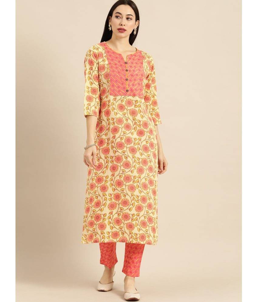 Varanga Cotton Printed Kurti With Pants Women's Stitched Salwar Suit - Beige ( Pack of 1 ) Varanga Cotton Printed Kurti With Pants Women's Stitched Salwar Suit - Beige ( Pack of 1 )