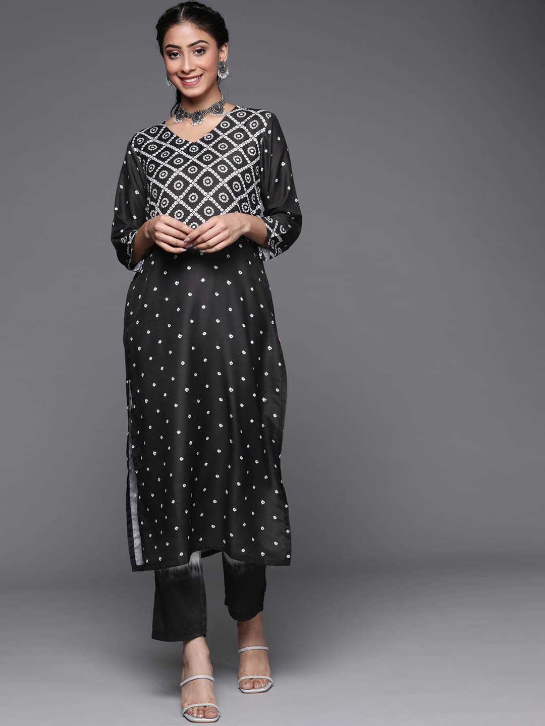 Varanga Silk Blend Printed Kurti With Pants Women's Stitched Salwar Suit - Black ( Pack of 1 ) Varanga Silk Blend Printed Kurti With Pants Women's Stitched Salwar Suit - Black ( Pack of 1 )