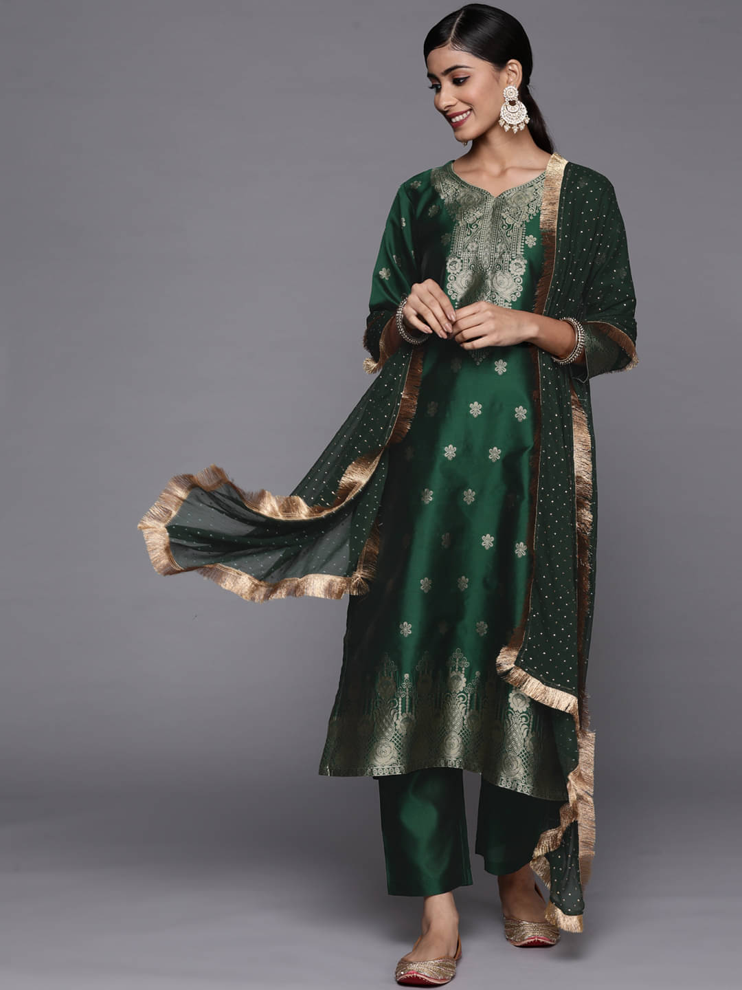 Varanga Silk Blend Printed Kurti With Pants Women's Stitched Salwar Suit - Green ( Pack of 1 )     			Varanga Silk Blend Printed Kurti With Pants Women's Stitched Salwar Suit - Green ( Pack of 1 )