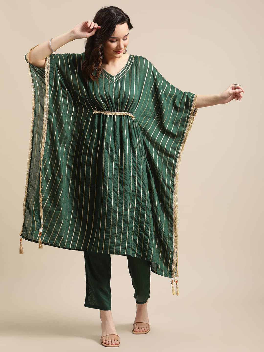 Varanga Silk Blend Striped Kurti With Pants Women's Stitched Salwar Suit - Green ( Pack of 1 )     			Varanga Silk Blend Striped Kurti With Pants Women's Stitched Salwar Suit - Green ( Pack of 1 )