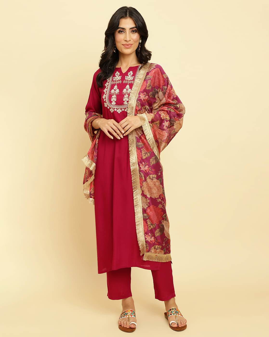 Varanga Viscose Embroidered Kurti With Pants Women's Stitched Salwar Suit - Magenta ( Pack of 1 ) Varanga Viscose Embroidered Kurti With Pants Women's Stitched Salwar Suit - Magenta ( Pack of 1 )