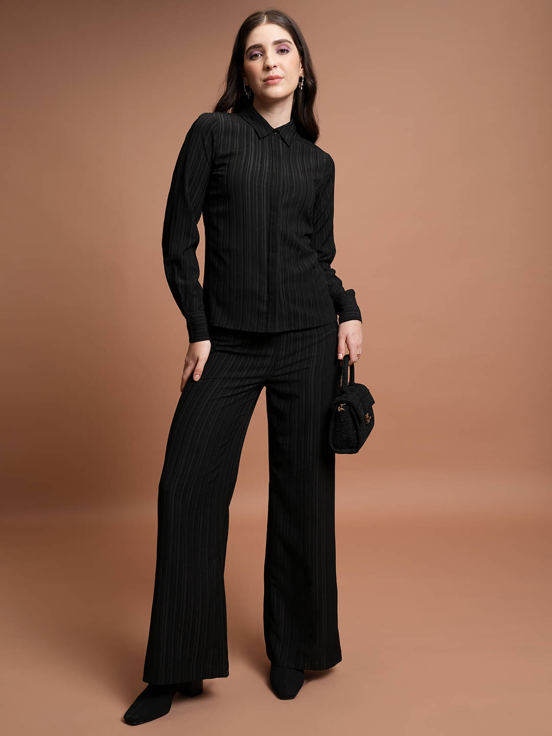     			Ketch Women Striped Shirt With Trousers Co-Ord Set ( Black )