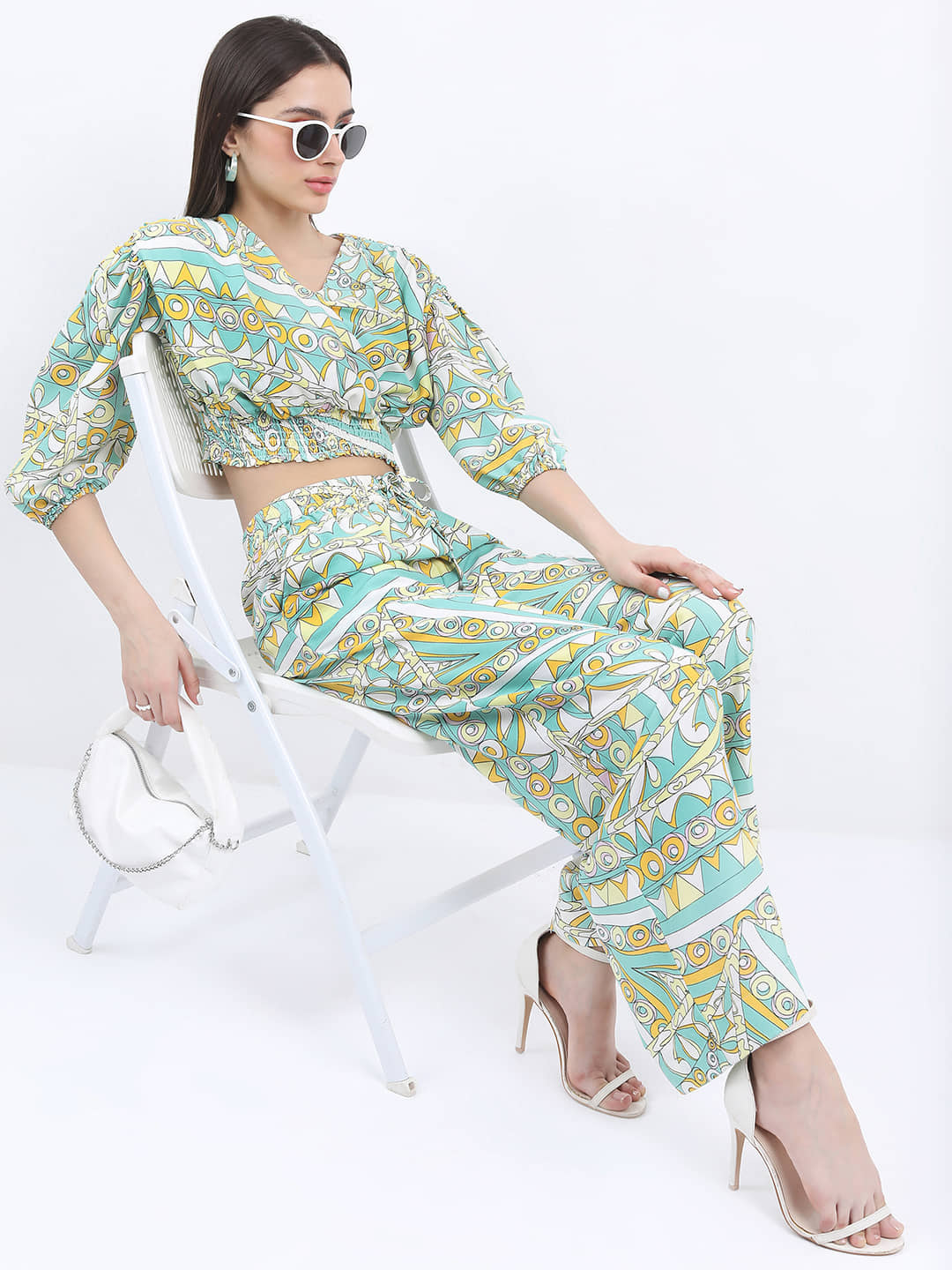 Ketch Women Printed Top With Trousers Co-Ord Set ( Green )