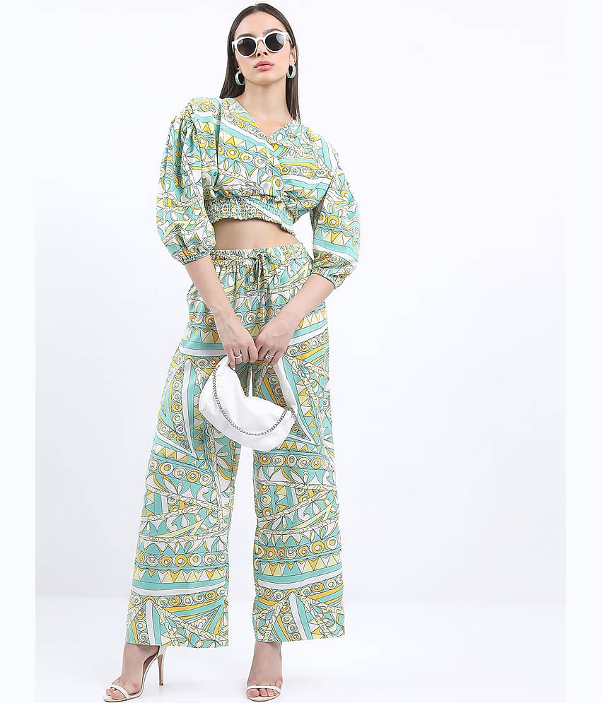 Ketch Women Printed Top With Trousers Co-Ord Set ( Green )