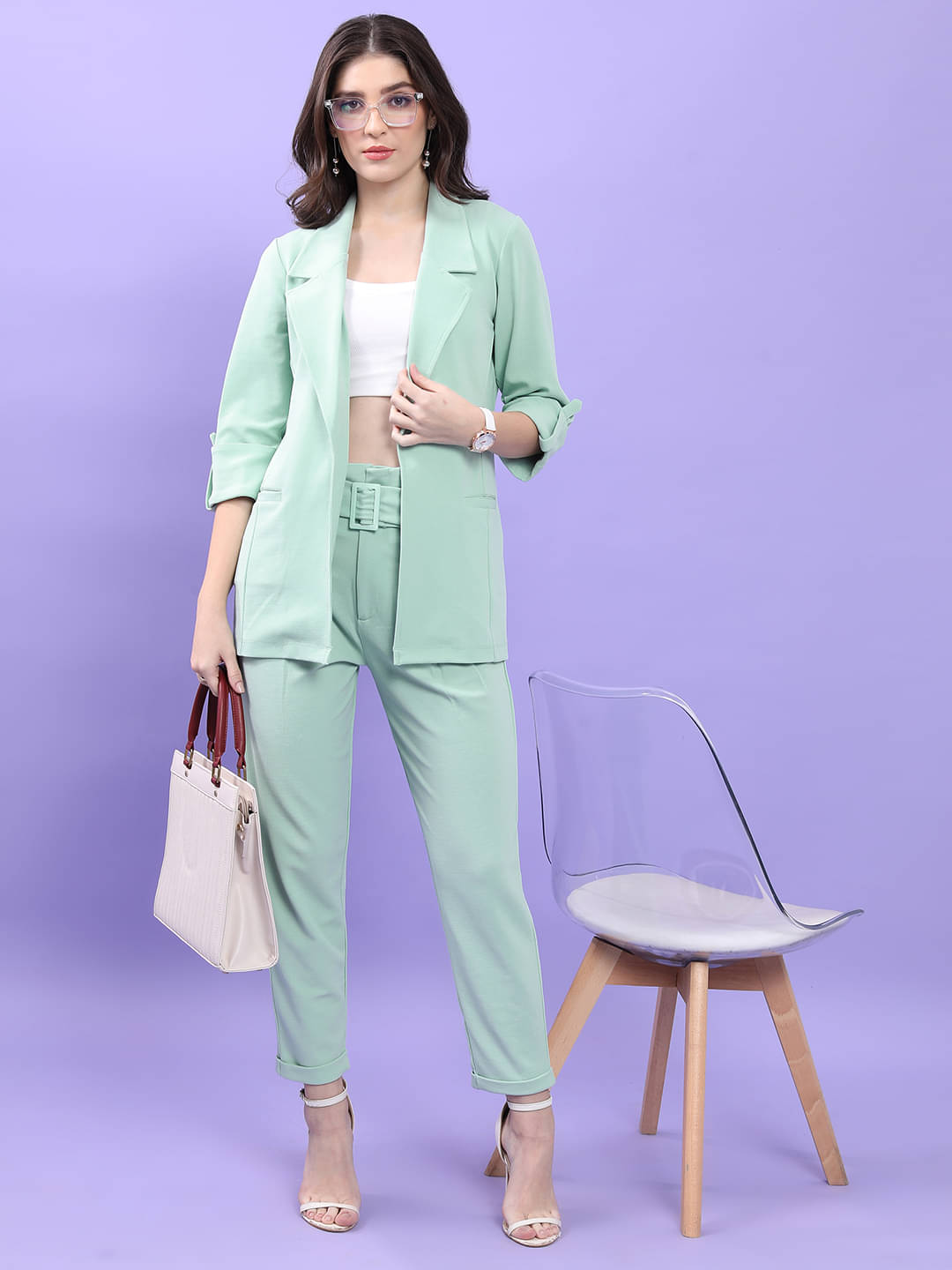     			Ketch Women Solid Coat With Trousers Co-Ord Set ( Green )