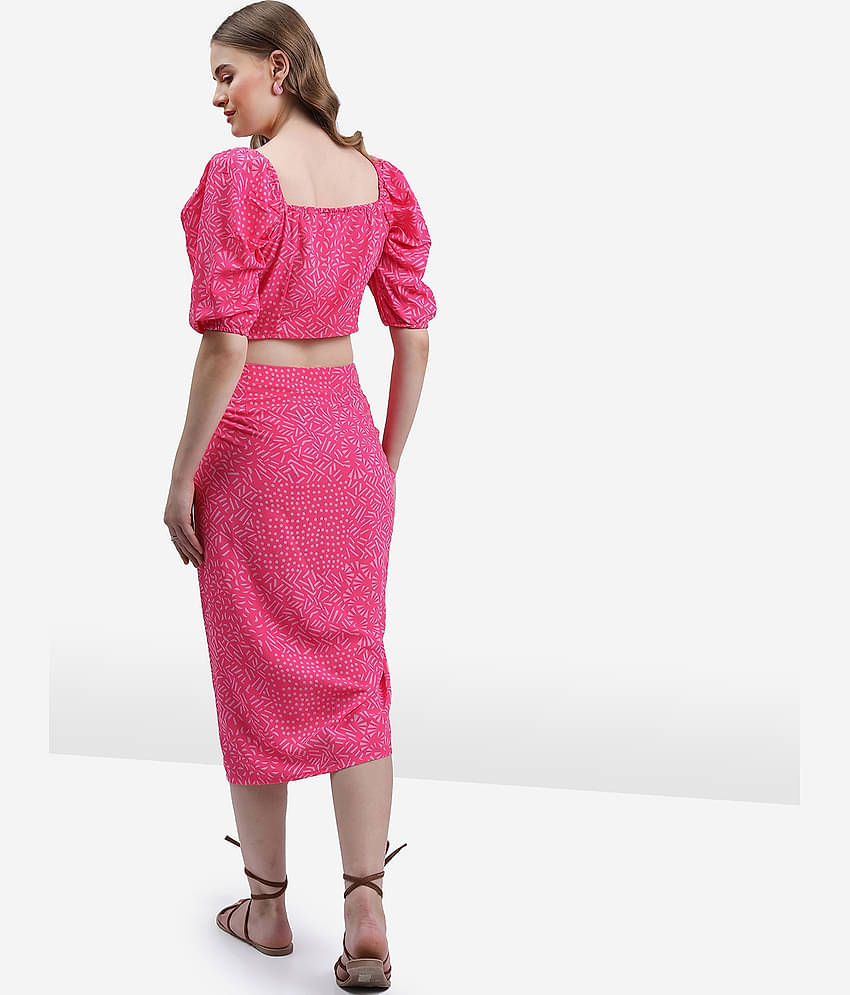 Ketch Women Printed Top With Skirt Co-Ord Set ( Pink )