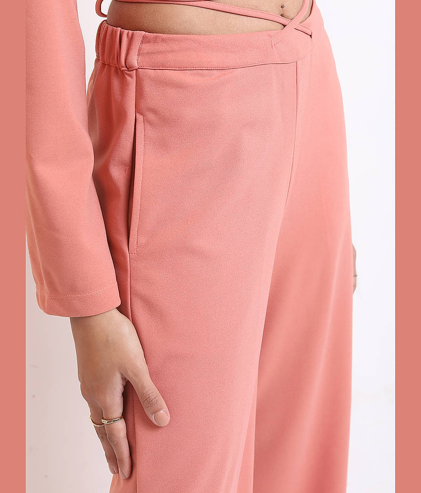 Ketch Women Solid Top With Trousers Co-Ord Set ( Pink )