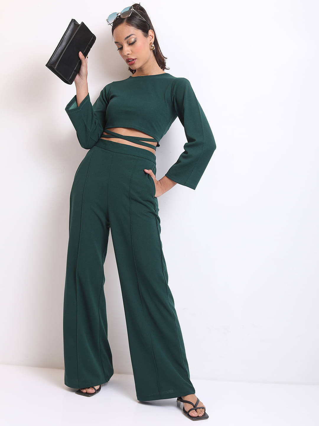     			Ketch Women Solid Top With Trousers Co-Ord Set ( Teal )