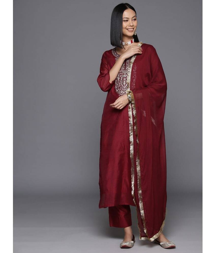     			Varanga Chanderi Embroidered Kurti With Pants Women's Stitched Salwar Suit - Maroon ( Pack of 1 )