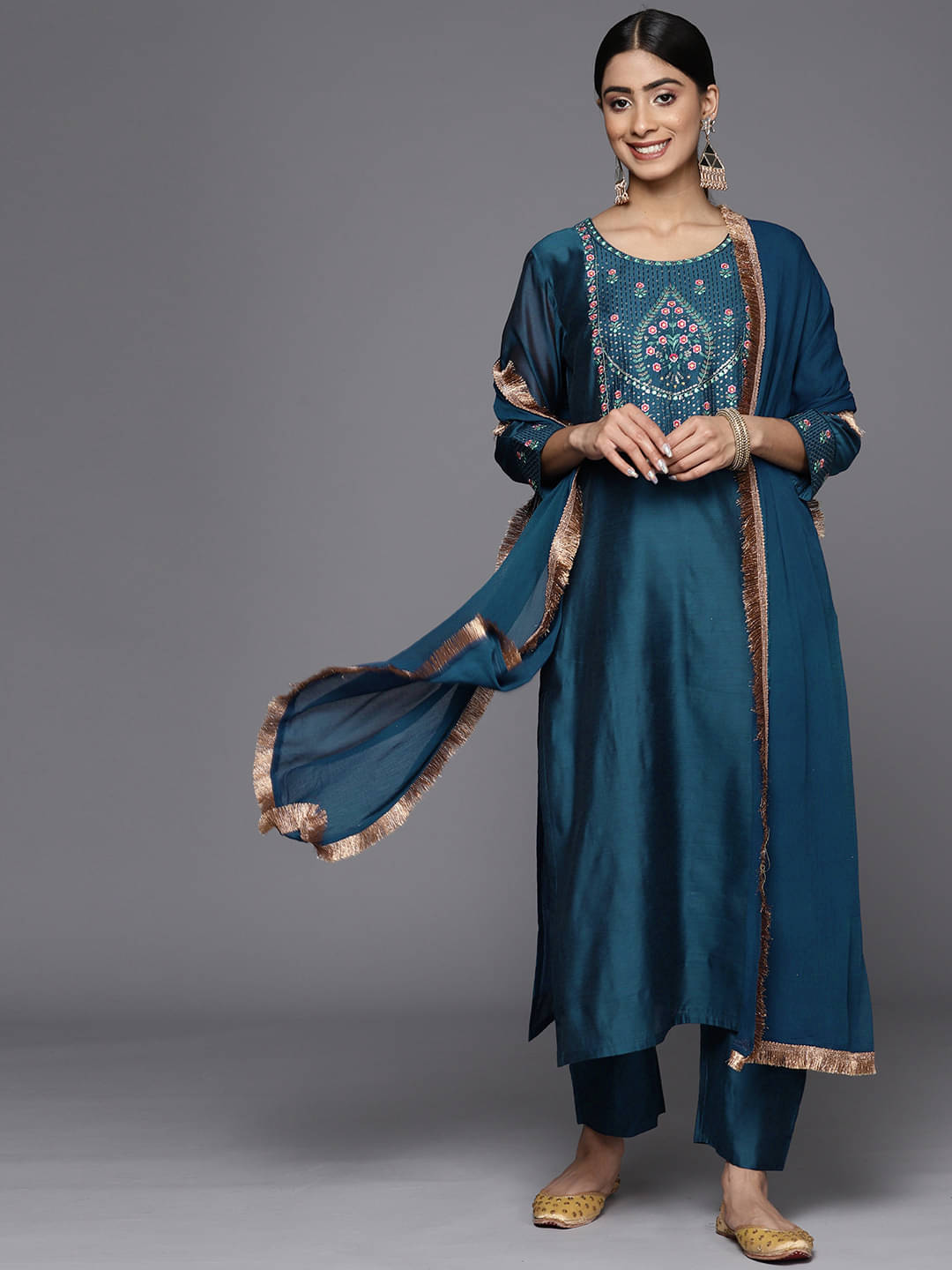     			Varanga Chanderi Embroidered Kurti With Pants Women's Stitched Salwar Suit - Teal ( Pack of 1 )