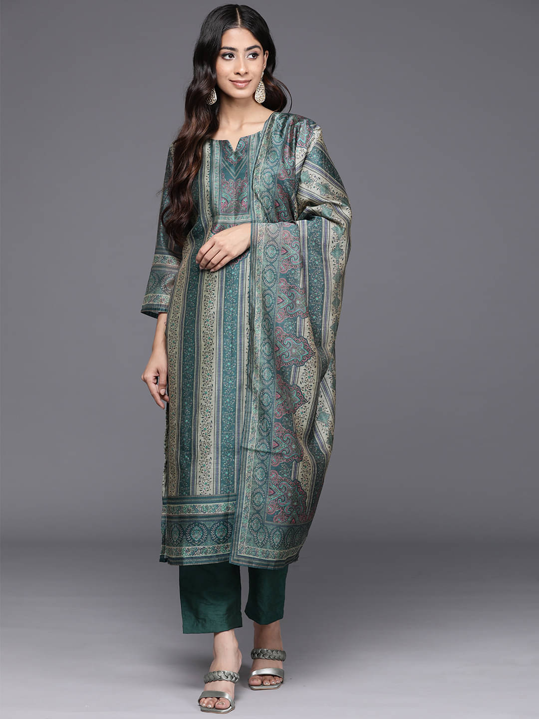     			Varanga Chanderi Printed Kurti With Pants Women's Stitched Salwar Suit - Teal ( Pack of 1 )