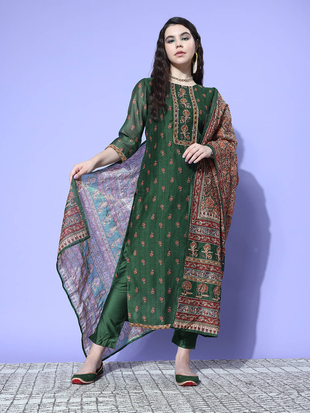     			Varanga Chanderi Printed Kurti With Pants Women's Stitched Salwar Suit - Green ( Pack of 1 )