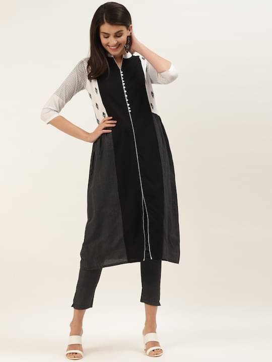 Varanga Cotton Blend Colorblock Kurti With Pants Women's Stitched Salwar Suit - Black ( Pack of 1 )     			Varanga Cotton Blend Colorblock Kurti With Pants Women's Stitched Salwar Suit - Black ( Pack of 1 )